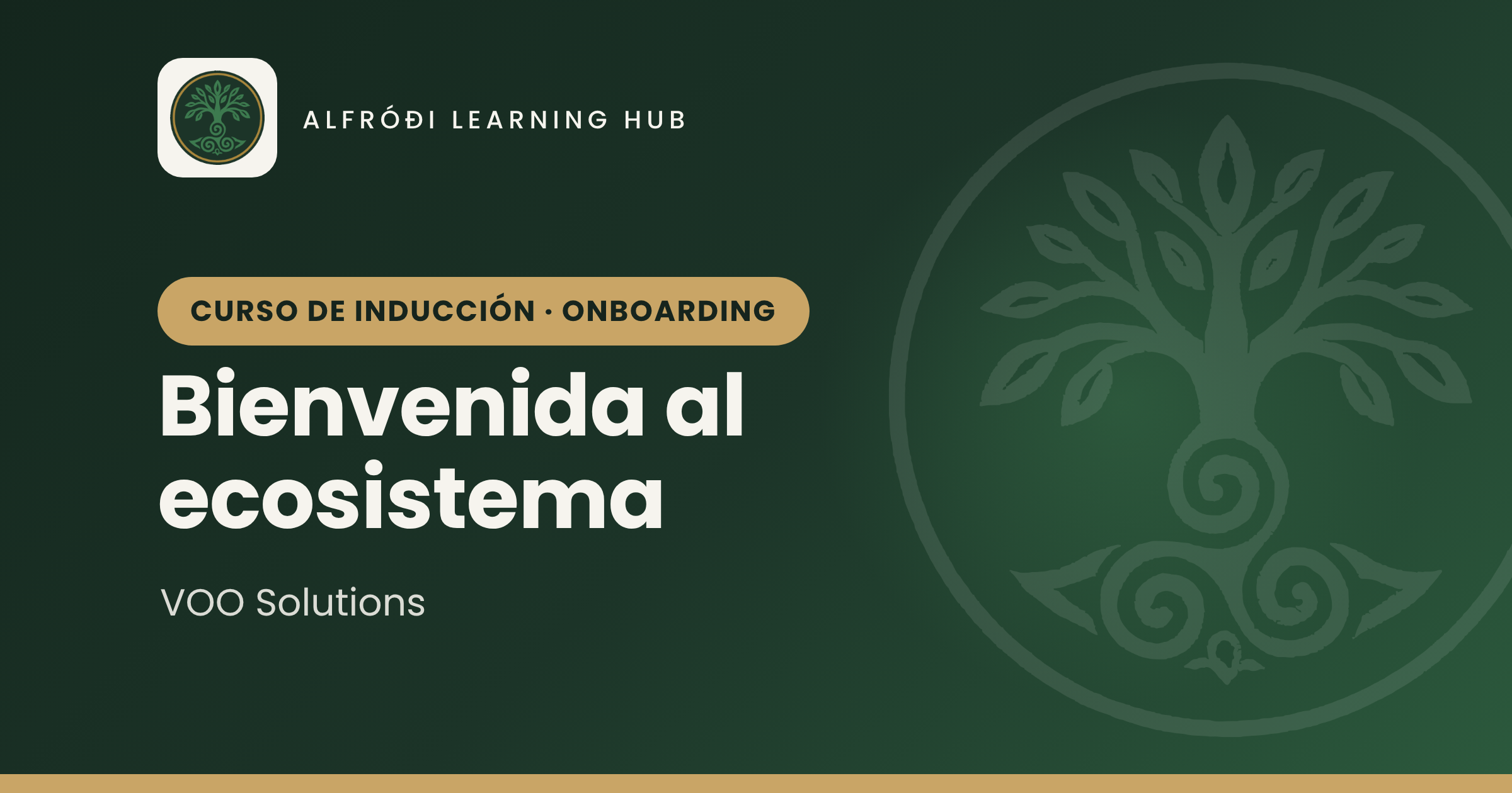 Miniatura del curso «Onboarding VOO Solutions — Bienvenida al ecosistema» — marca de origen VOO Solutions, plataforma Alfróði Learning Hub